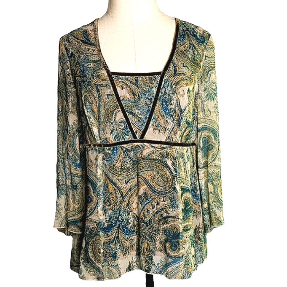 Vtg Sheer Silk Blouse L Bell Sleeves Square V-Neck Velvet Trim Fairy Whimsigoth